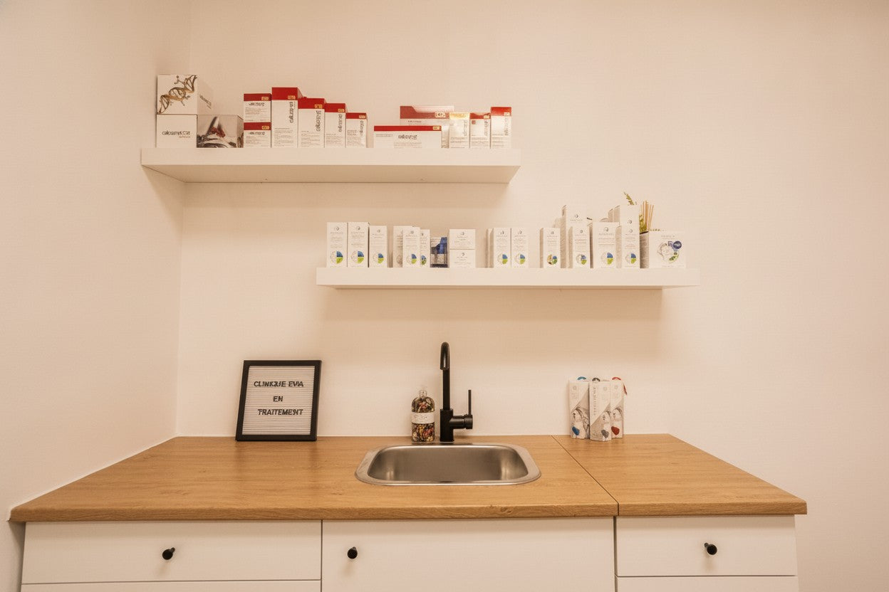Le comptoir de soins, lumière dorée | The care counter, golden light