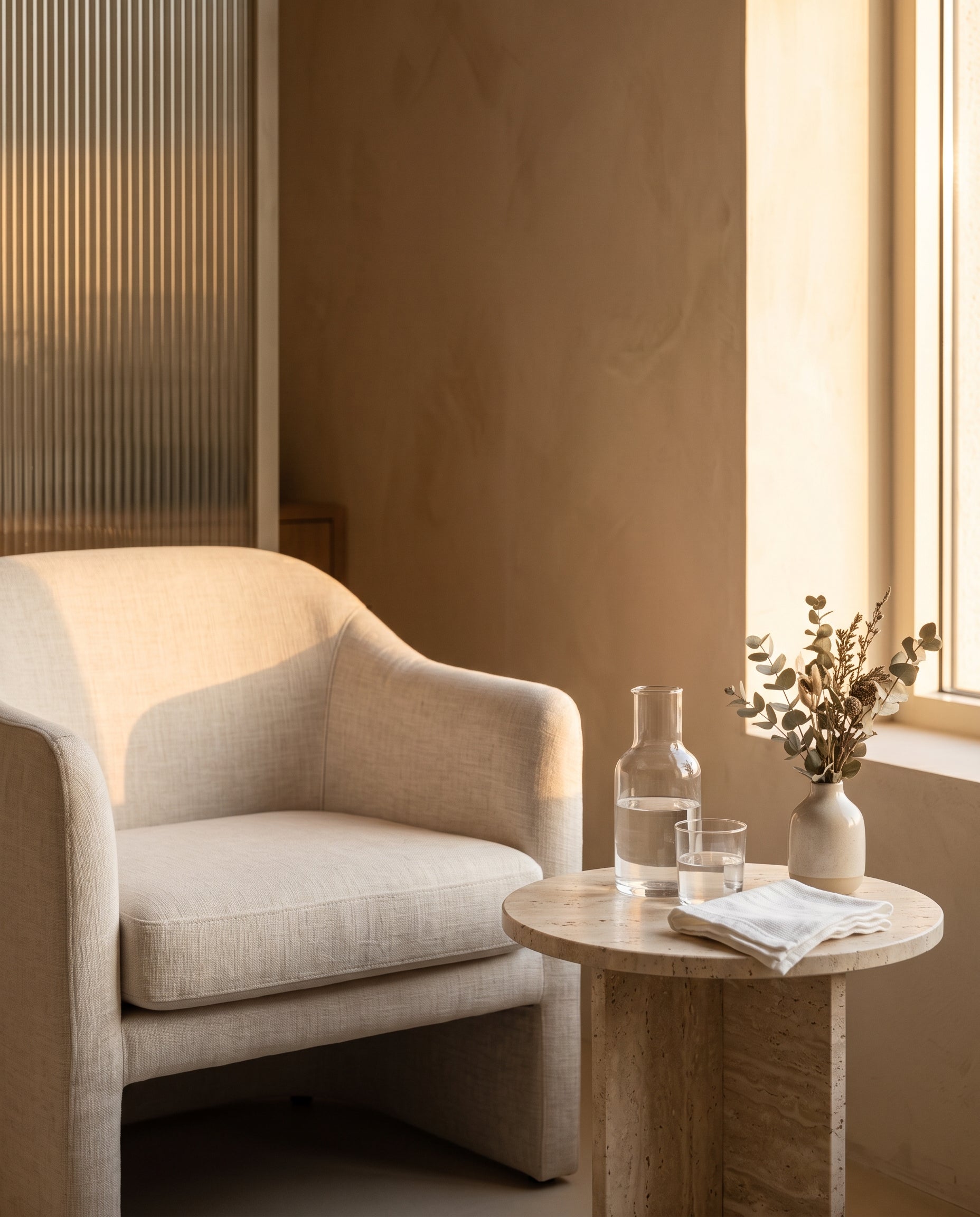 Coin consultation baigné de lumière ambrée : chaise en lin, carafe, botaniques | Consultation corner in amber light: linen chair, carafe, botanicals