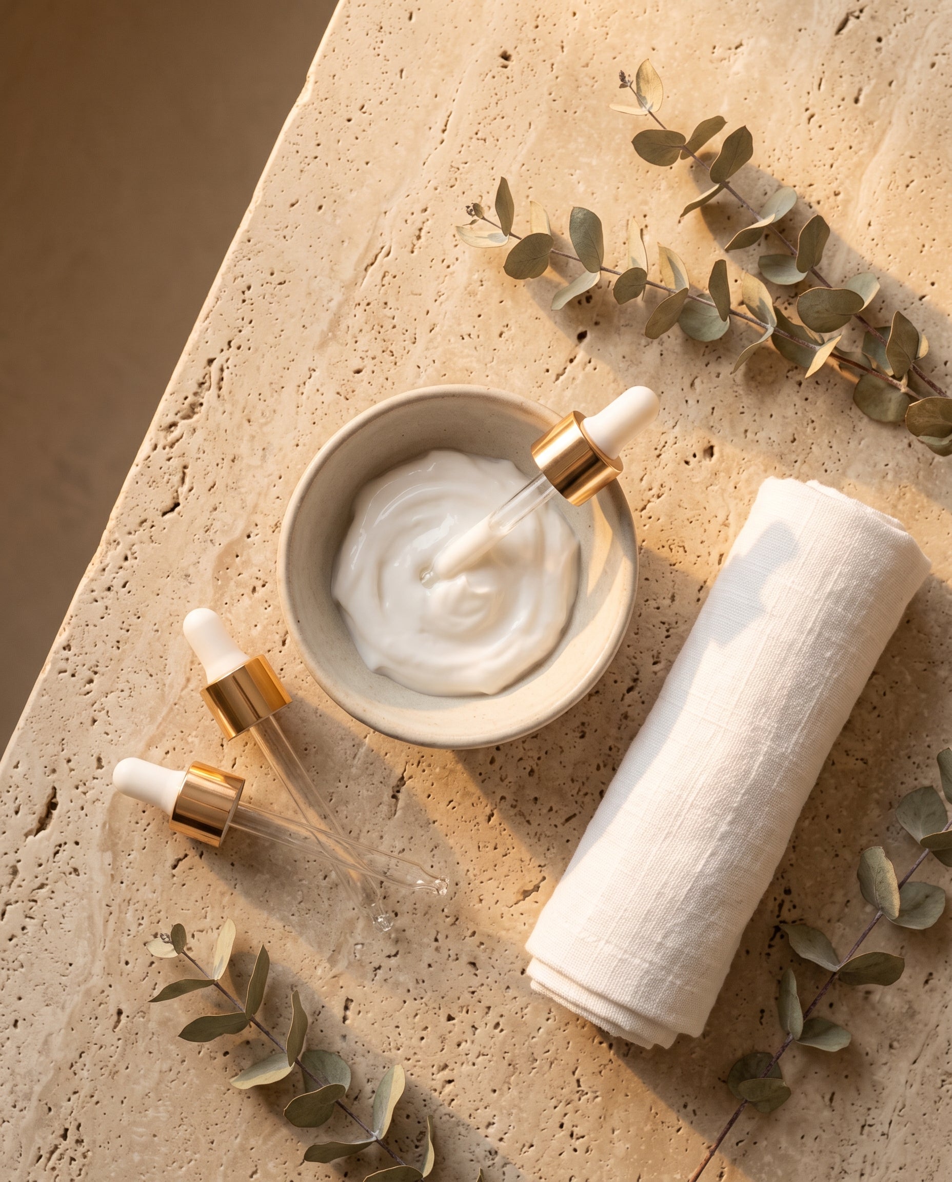 Rituel de soin vu de haut : bol de crème, compte-gouttes, lin et eucalyptus | Overhead skincare ritual: cream bowl, droppers, linen and eucalyptus