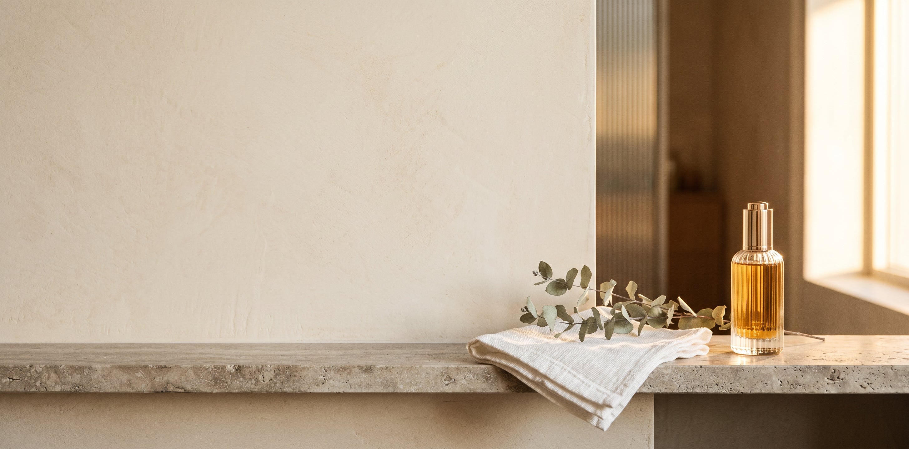 Tablette de travertin baignée de lumière dorée avec flacon de sérum, eucalyptus et lin | Travertine ledge in golden light with a serum bottle, eucalyptus and linen
